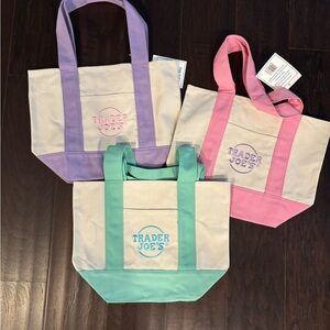 Trader Joe's Mini Canvas Tote Bags Pink, Purple, and Green